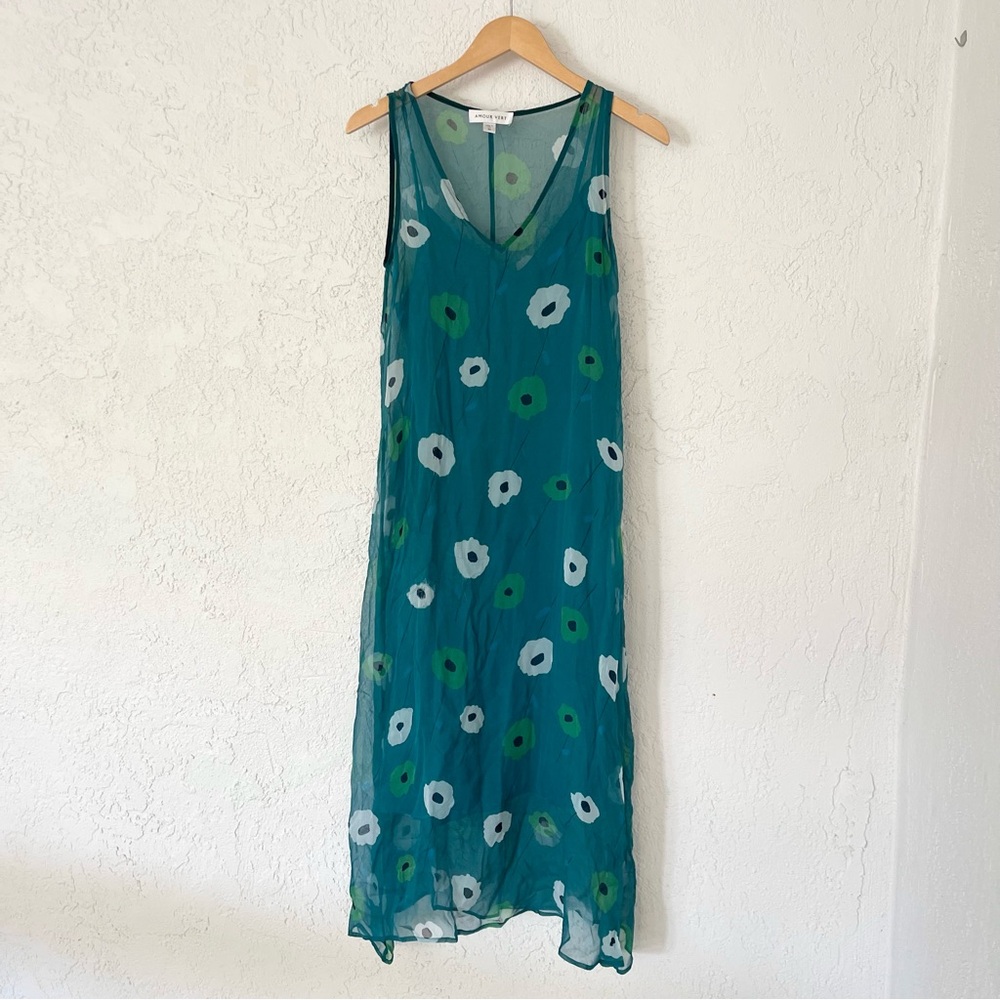 Amour Vert Mariam Marin Large Floral Maxi Teal Blue Dress